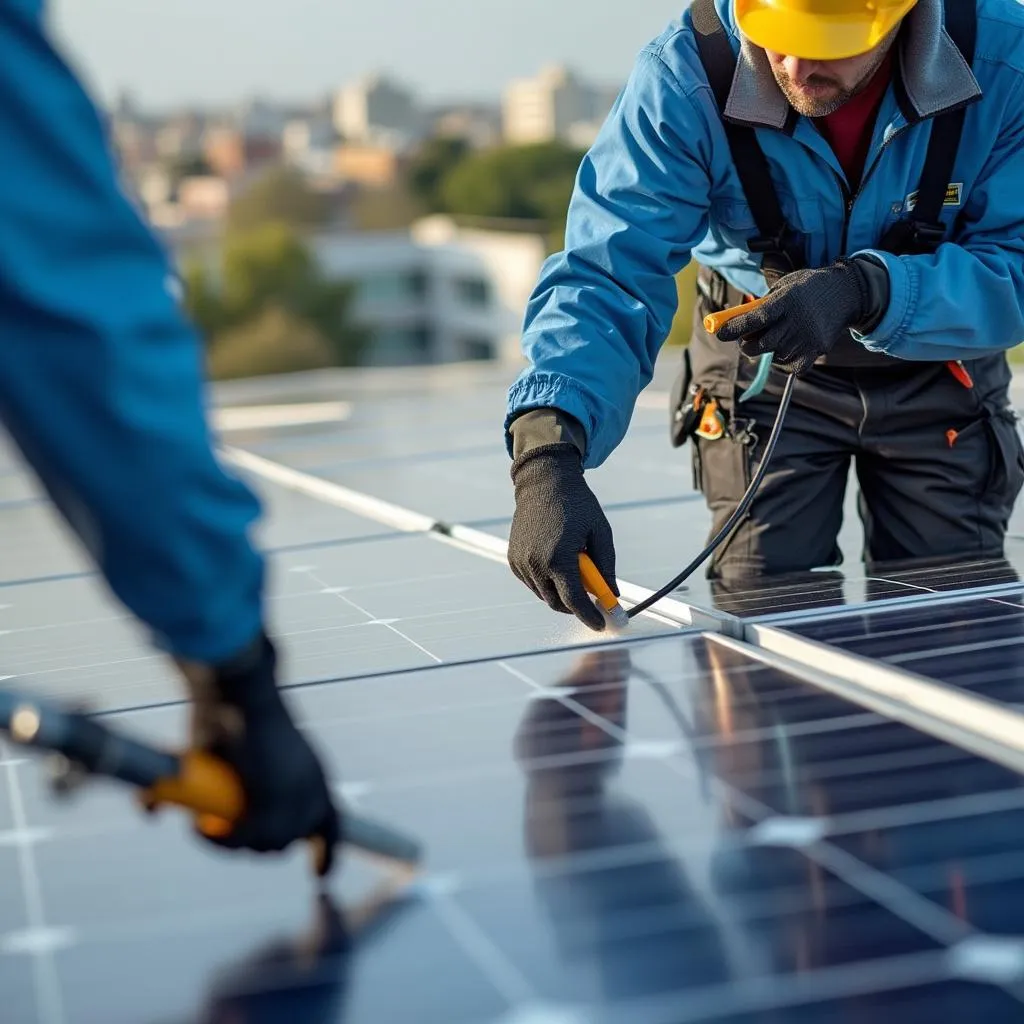 Técnicos realizando mantenimiento de paneles solares