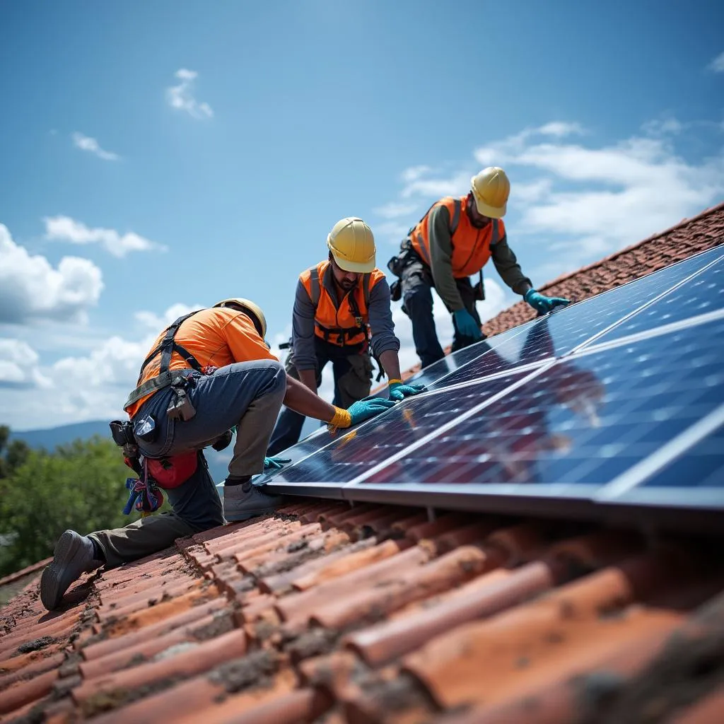Equipo de técnicos instalando paneles solares